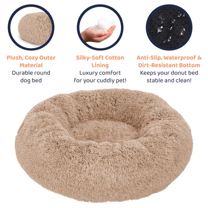 Petloox Donut Dog Bed - Premium Comfort for Anxiety Relief - Fluffy & Calming Design with Ultra-Plush Support | Cozy Round Dog Bed with Super Soft Circle Style (Size M Camel)
