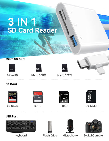 OPxjzws SD Card Reader for iPhone, SD Card Adapter with Lightening & USB C Dual Connectors Plug&Play Supports microSD, SD and USB-A OTG, Portable Trail Camera Memory Reader for iPhone Mac MacBook iPad