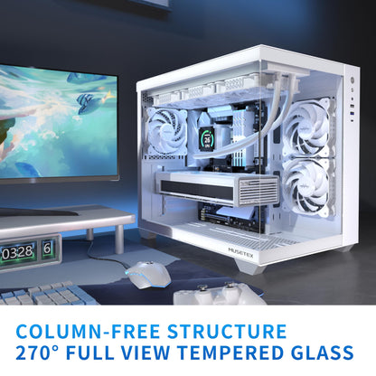 MUSETEX ATX PC Case, 360MM RAD Support, 3 x 120mm Non-ARGB Fans Pre-Installed, 270° Full View Tempered Glass Gaming PC Case with Type-C, Mid Tower ATX Computer Case, White, Y6