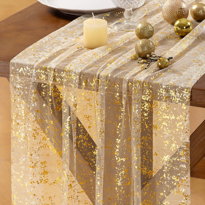Socomi Christmas Snow Table Runner Gold Gauze Sheer Chiffon Cheesecloth Sequin 10FT Glitter Metallic Foil Dining Wedding Birthday Party Fall Winter Anniversary Holiday Centerpiece Table Decor Beige