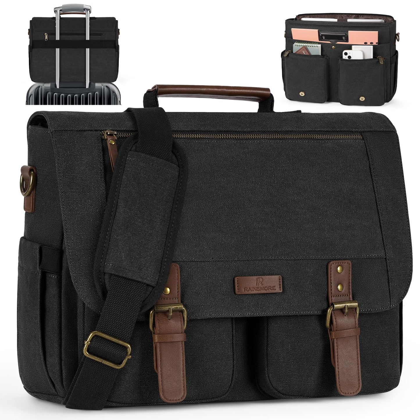 RAINSMORE Messenger Bag für Herren, 15,6–17,3 Zoll Laptoptasche, wasserabweisende Canvas-Aktentasche, große Computertasche, Schultertasche für Arbeit, Uni und Reisen, Schwarz