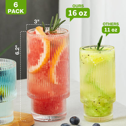 Qipecedm 6er-Pack gerippte Trinkgläser, 473 ml Vintage-Gläser, Highball-Gläser, Premium-Eiskaffeegläser, Klarglas-Tumbler, Cocktailgläser, elegante Gläser für Wasser, Saft, Whisky und Bier