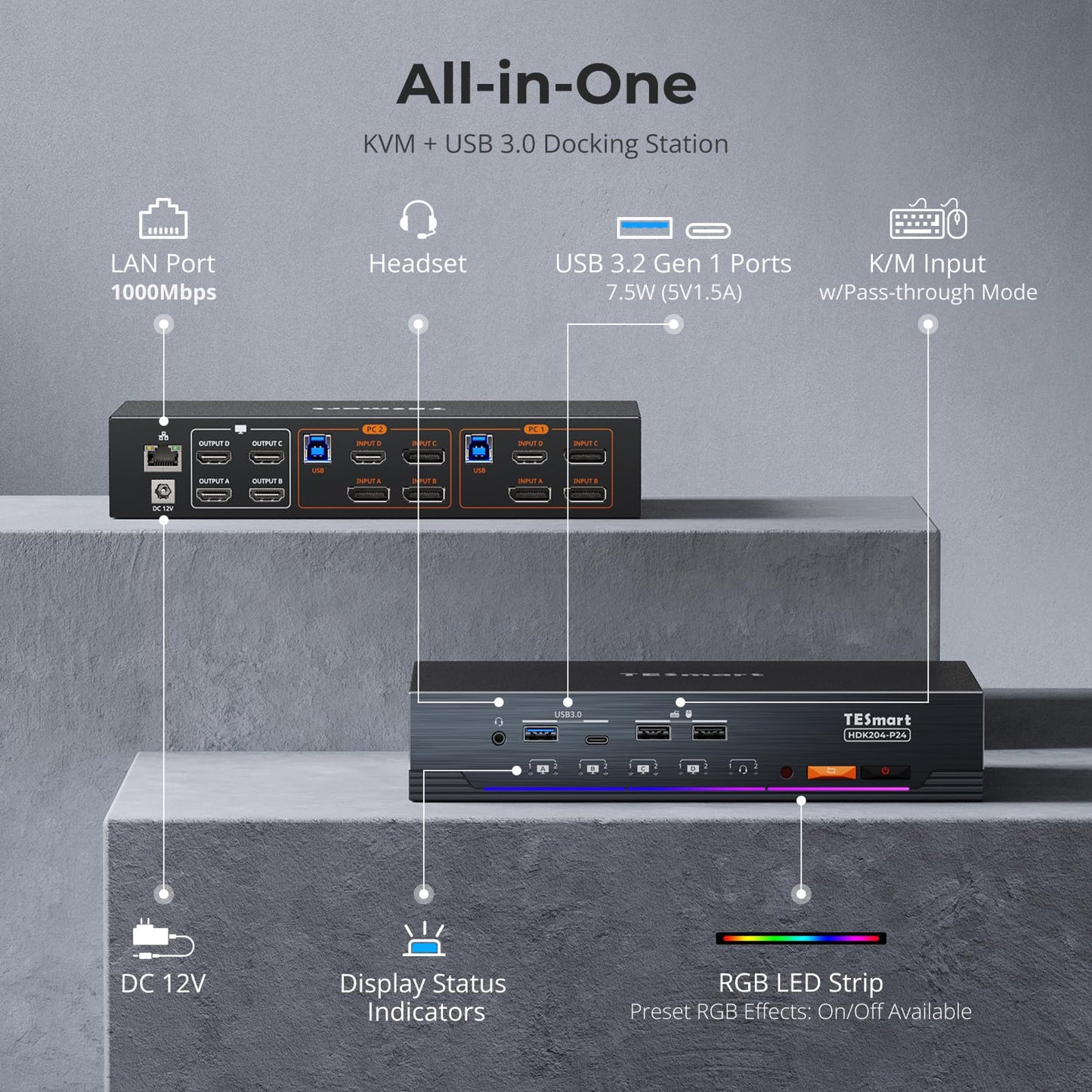 TESmart 4K@60Hz KVM-Switch für 4 Monitore und 2 Computer, USB 3.0, Quad-Monitor-KVM-Dockingstation, DP+HDMI-KVM-Switch mit EDID-Emulatoren, Gigabit-Netzwerk, Hotkey-Schalter, Audio- und Mikrofonanschluss mit allen Eingangskabeln