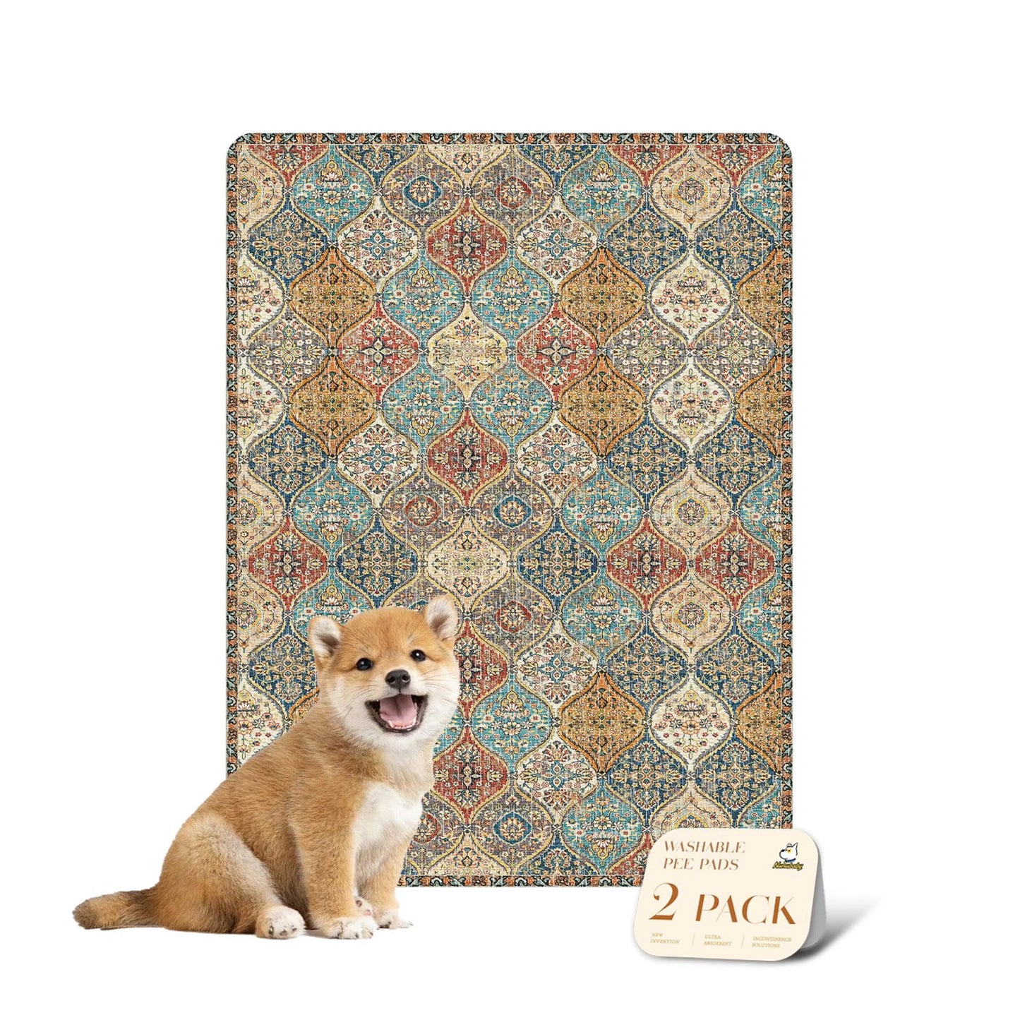 nunubaby Washable Pee Pads for Dogs, Stylish, Non-Slip and Leak-Proof Pee Mat. ultra-absorbent Reusable potty pad for Crates and Floors.(Cream/Multi, 18" x24" )