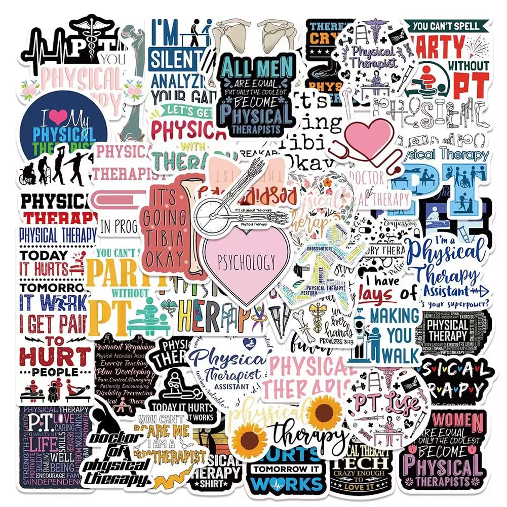 Physical Therapy Stickers |50Pcs PT Therapist Waterproof Vinyl Decals for Water Bottles Laptop Refrigerator Luggage Computer Mobile Phone Skateboard Décor