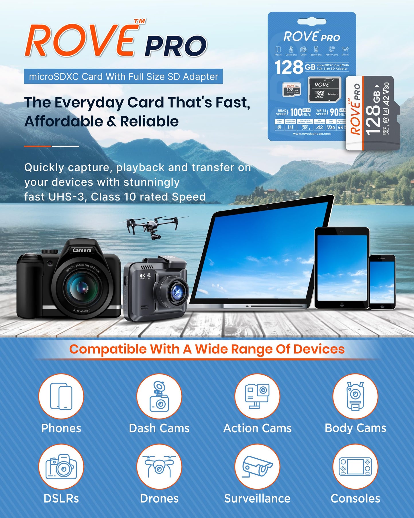 ROVE PRO Micro SD Card microSDXC 128GB Memory Card with Full-Size SD Adapter 100MB/s Read Speed, C10, U3, V30, 4K, A2 for Dash Cam, Android Smart Phones, Tablets, Games