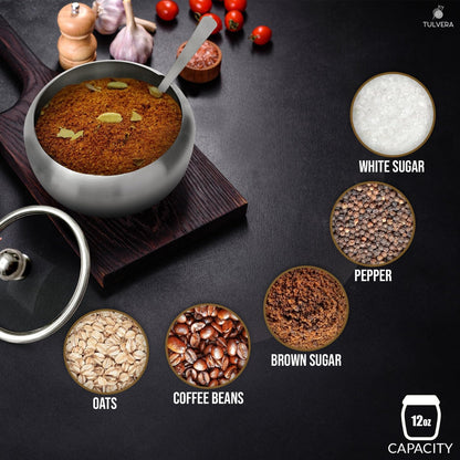 Sugar Bowl with Lid and Spoon | 12oz Sugar Container for Coffee Bar | Stainless Steel Holder Jar for Salt, Tea, Candy, Sugar Cube, Brown Sugar, Ghee | Kitchen Countertop Storage Accessories | 350ml