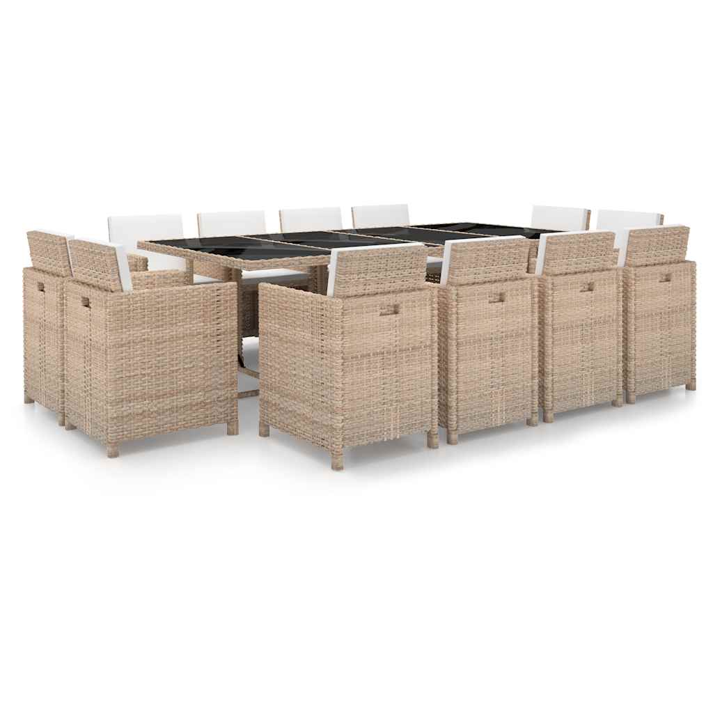 13-tlg. Garten-Essgruppe mit Auflagen Poly Rattan Beige