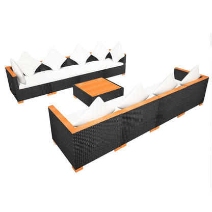 9-tlg. Garten-Lounge-Set mit Auflagen Poly Rattan Schwarz