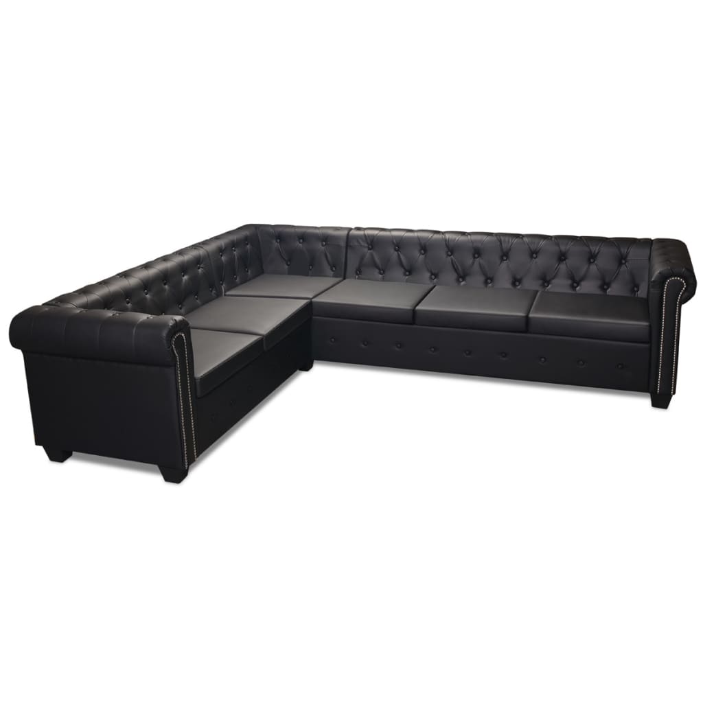 Chesterfield-Ecksofa 6-Sitzer Kunstleder Schwarz