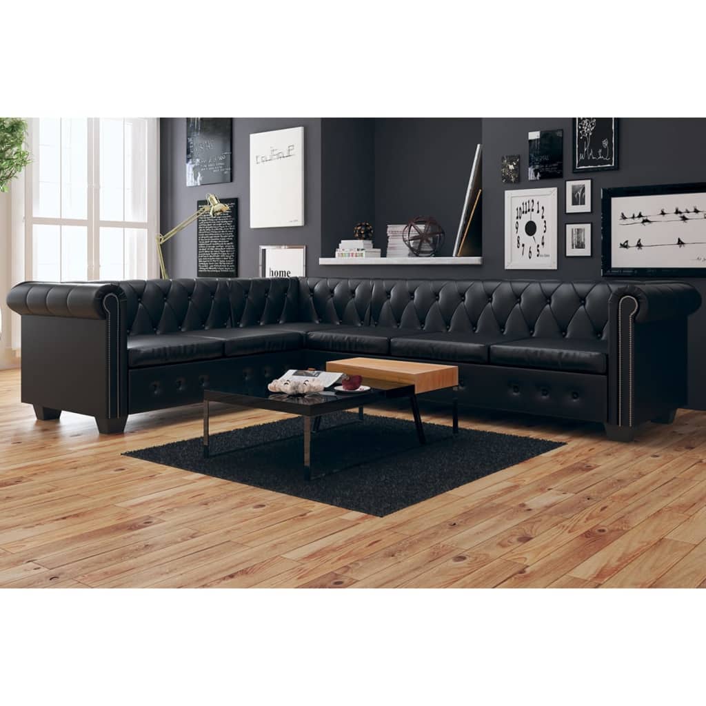 Chesterfield-Ecksofa 6-Sitzer Kunstleder Schwarz