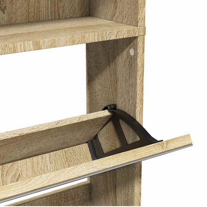 Schuhschrank mit 4 Fächern Spiegel Eiche 63×17×134 cm