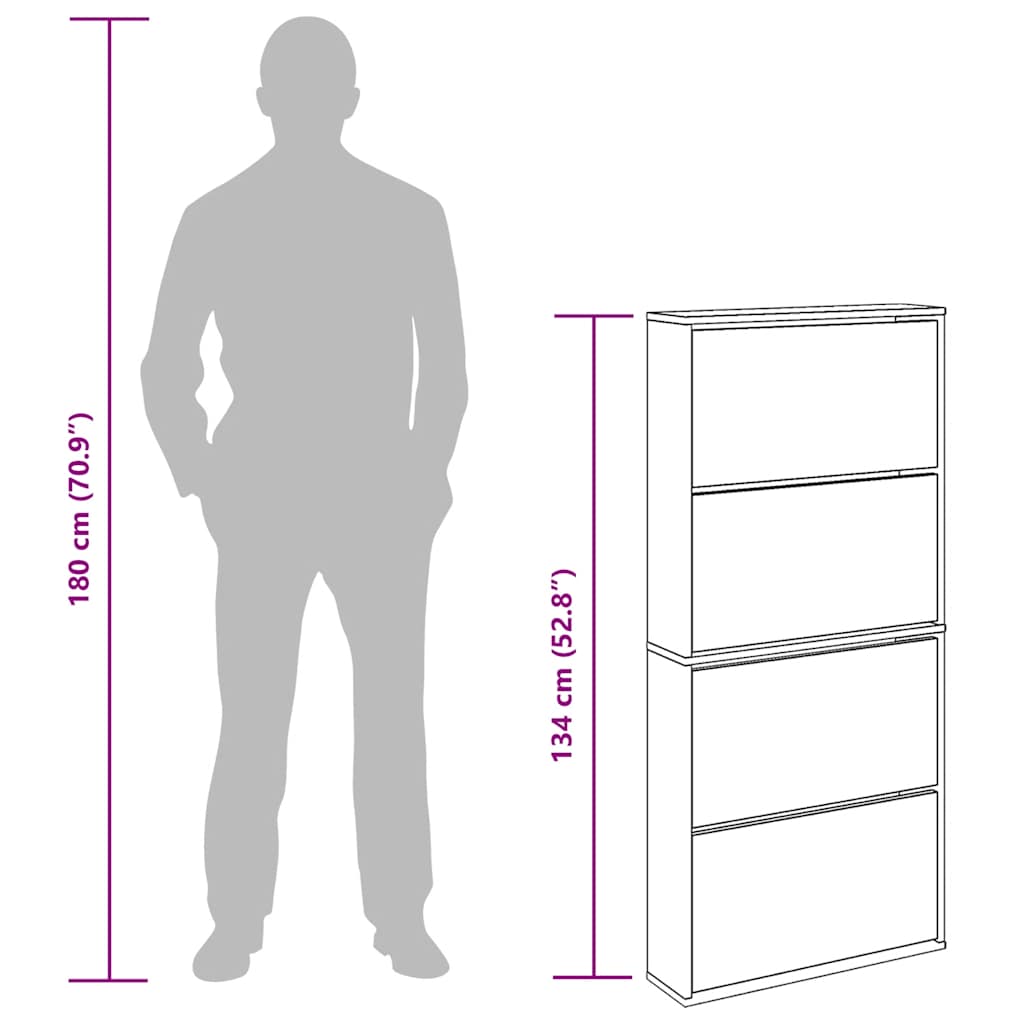 Schuhschrank mit 4 Fächern Spiegel Eiche 63×17×134 cm
