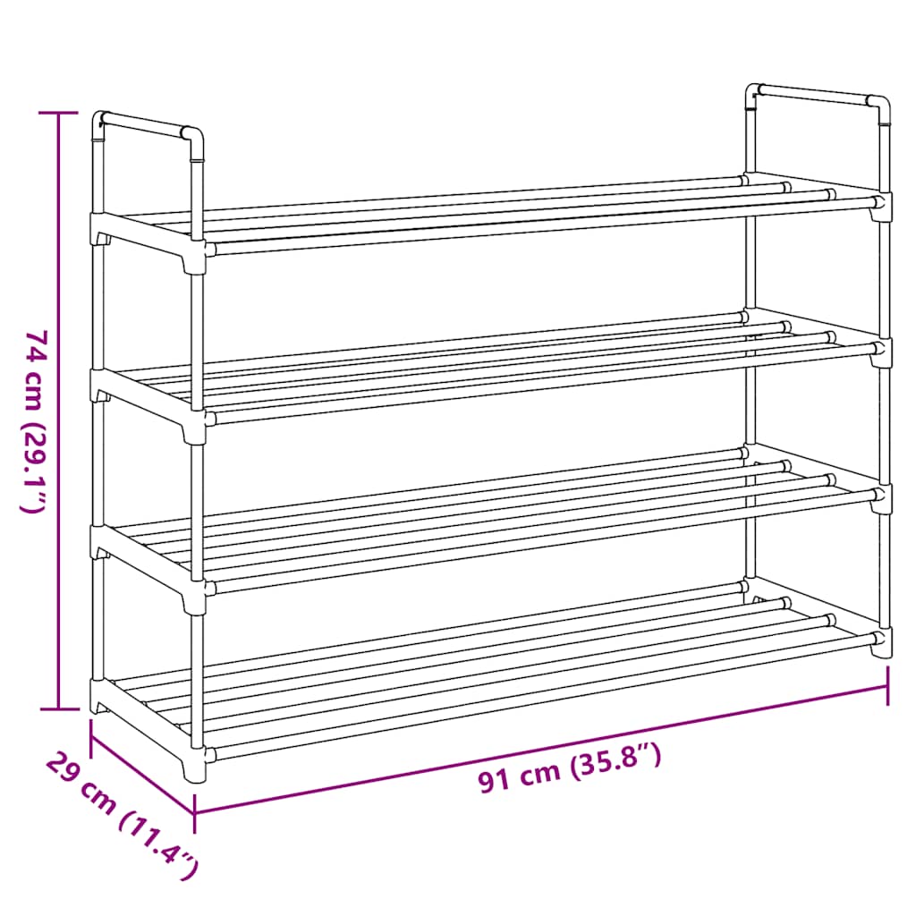 Schuhregal mit 4 Etagen Metall und Kunststoff Schwarz