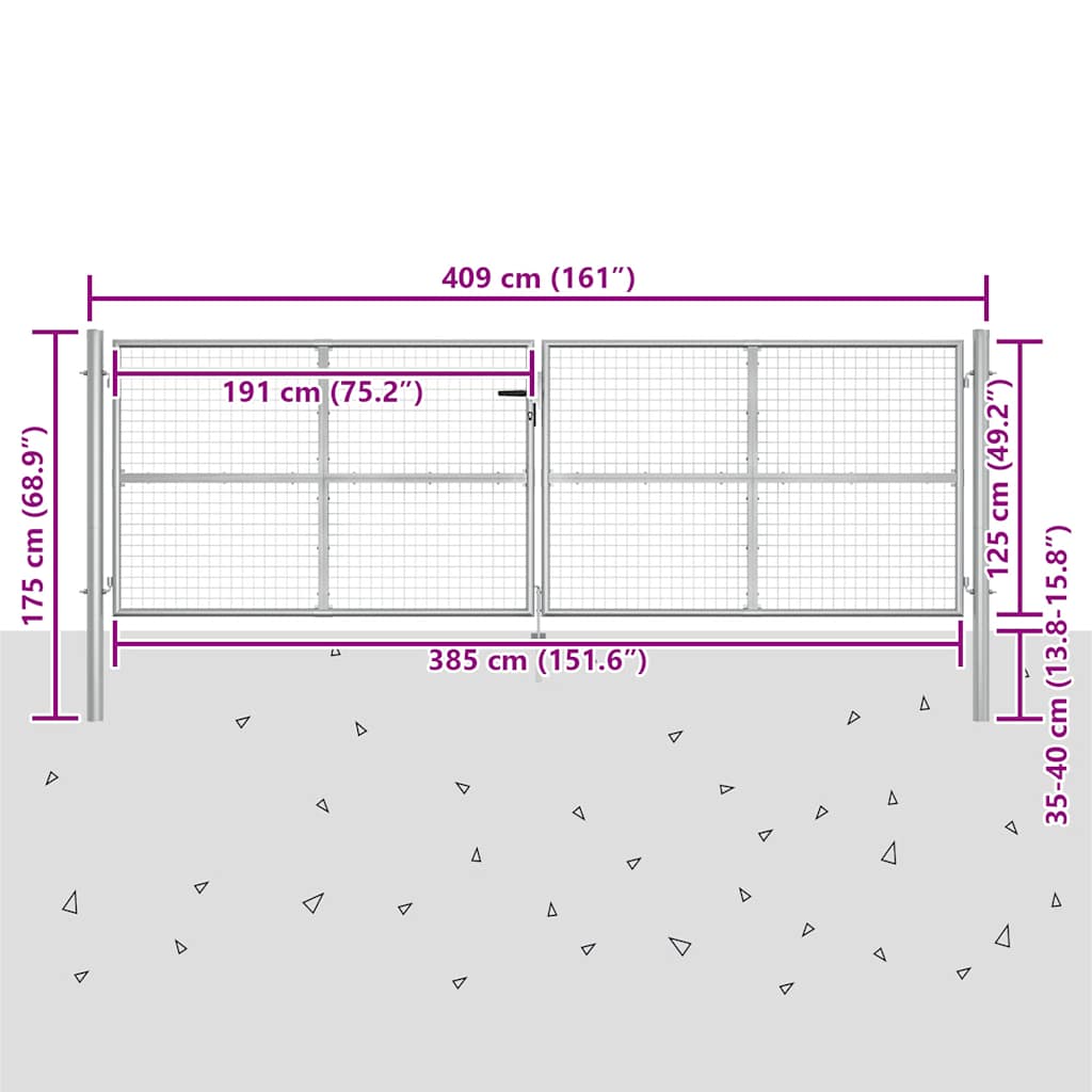Gartentor verzinkter Stahl 400 x 125 cm Silber