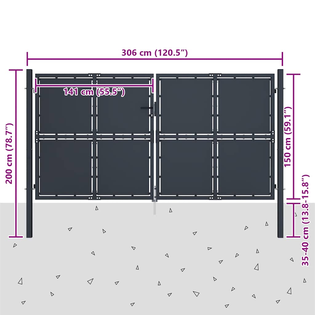 Gartentor aus Stahl 300 x 150 cm Anthrazit
