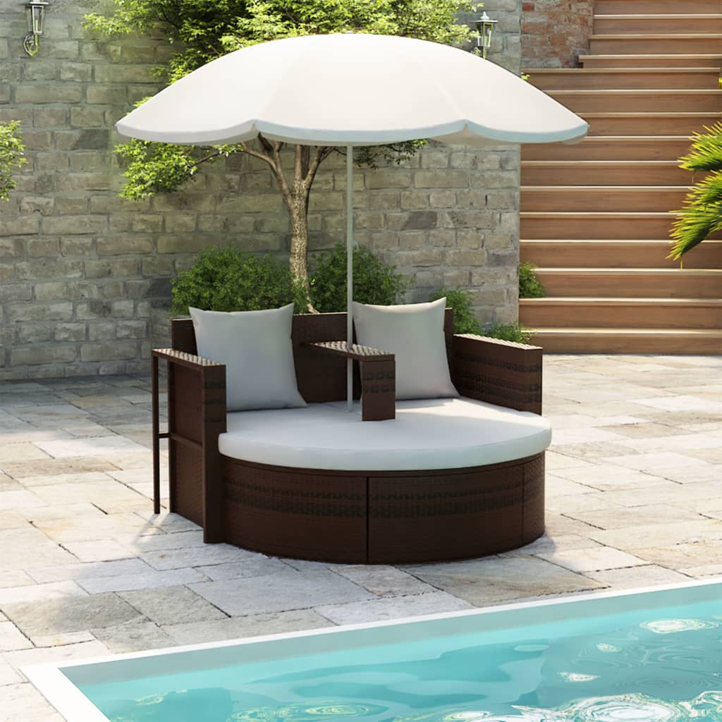 Gartenbett mit Sonnenschirm Braun Poly Rattan
