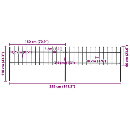 Gartenzaun mit Speerspitze Stahl 359 x 60 cm Schwarz