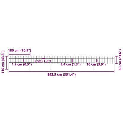 Gartenzaun mit Speerspitze Stahl 892,5 x 60 cm Schwarz