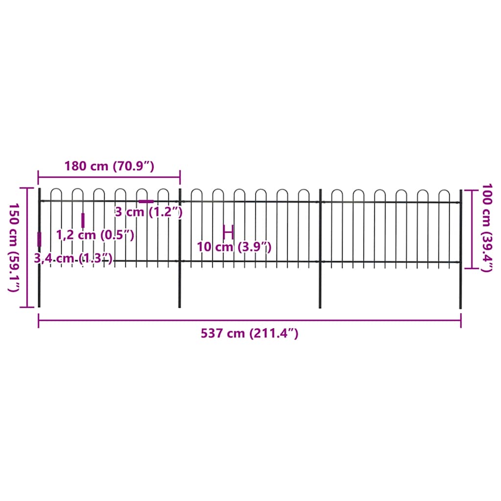 Gartenzaun mit Rundbogen Stahl 537 x 100 cm Schwarz
