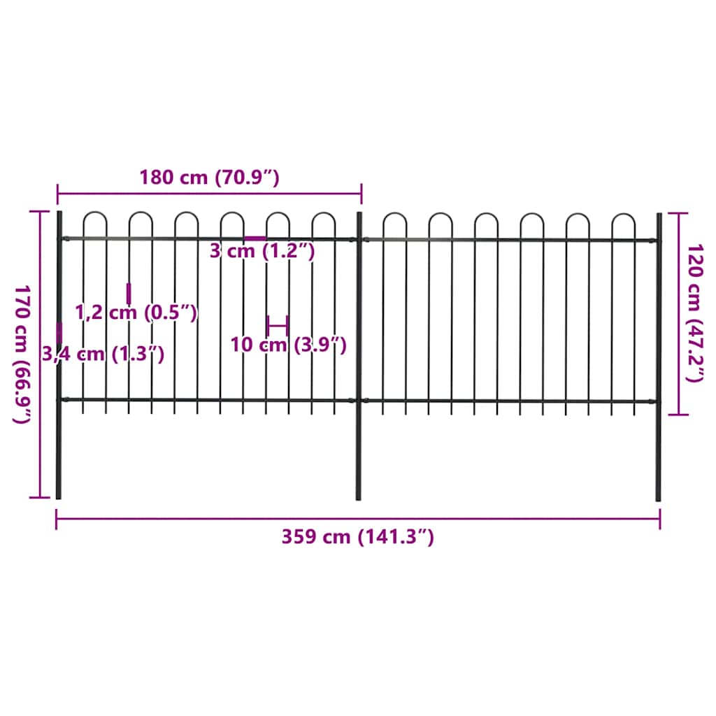 Gartenzaun mit Rundbogen Stahl 359 x 120 cm Schwarz