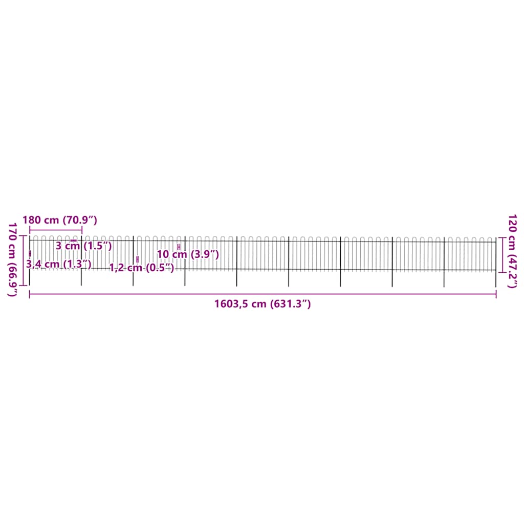 Gartenzaun mit Rundbogen Stahl 1603,5 x 120 cm Schwarz