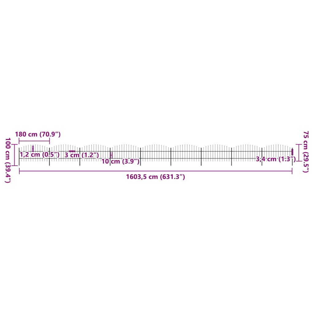Gartenzaun mit Speerspitze Stahl 1603,5 x 100 cm Schwarz