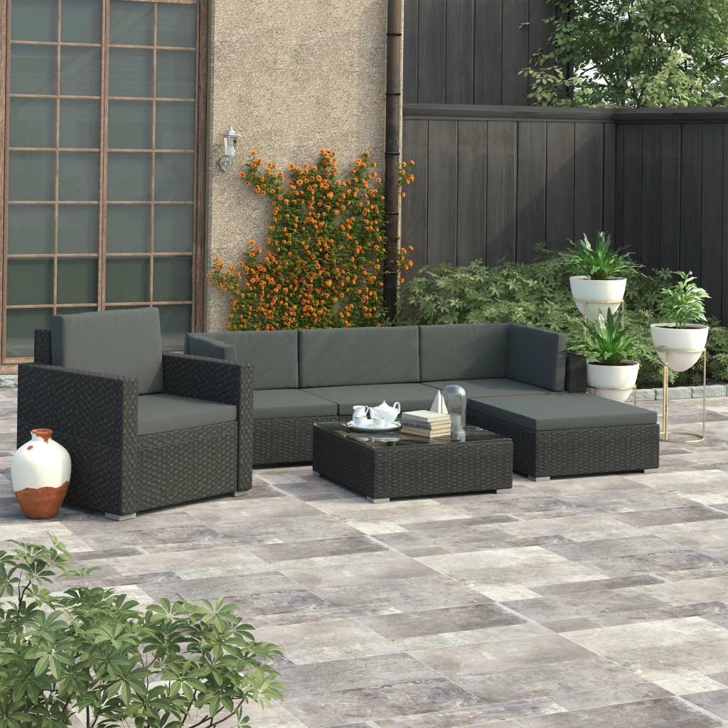 6-tlg. Garten-Lounge-Set mit Auflagen Poly Rattan Schwarz
