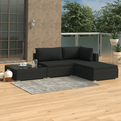 4-tlg. Garten-Lounge-Set mit Auflagen Poly Rattan Schwarz