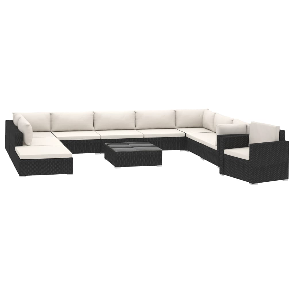 11-tlg. Garten-Lounge-Set mit Auflagen Poly Rattan Schwarz