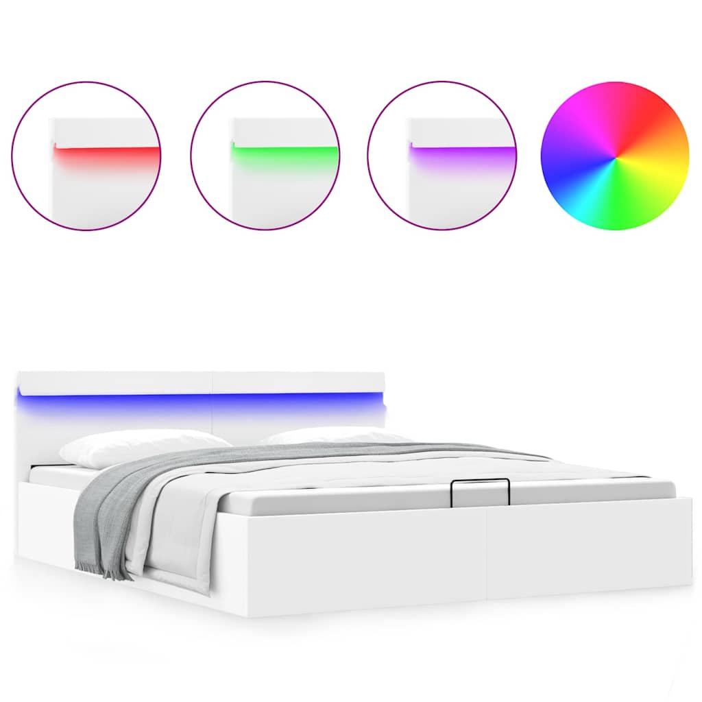 Bett mit Bettkasten Hydraulisch LED Weiß Kunstleder 160x200 cm