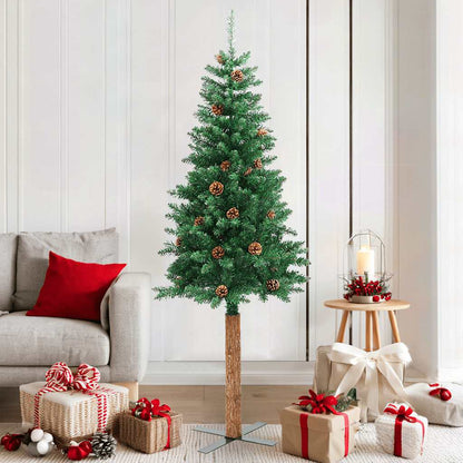 Weihnachtsbaum Schlank mit Echtholz und Zapfen Grün 180 cm PVC