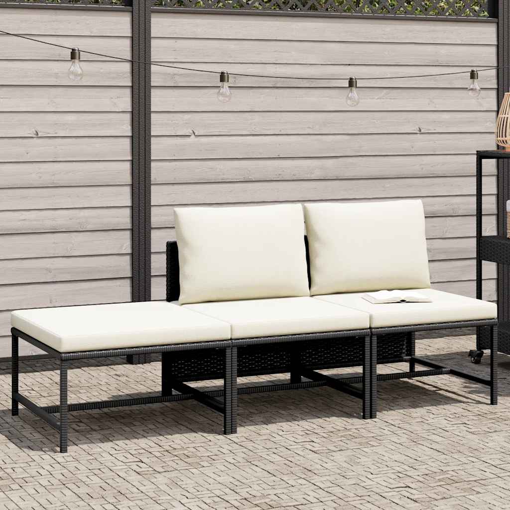 3-tlg. Garten-Sofagarnitur mit Auflagen Schwarz Poly Rattan