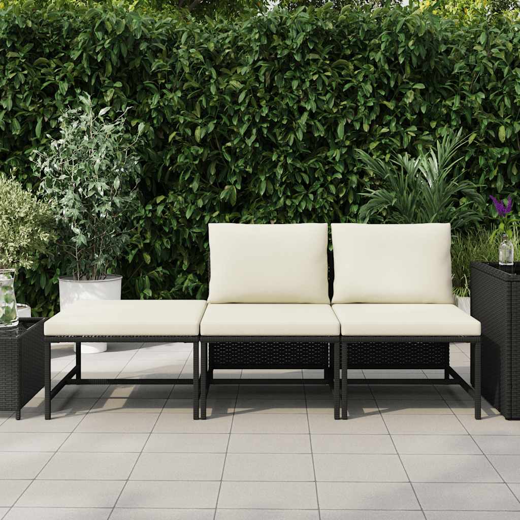 3-tlg. Garten-Sofagarnitur mit Auflagen Schwarz Poly Rattan