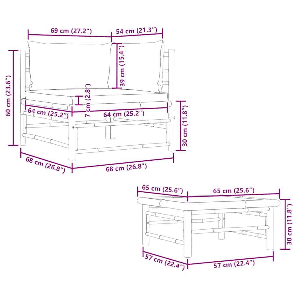 2-tlg. Garten-Lounge-Set mit Dunkelgrauen Kissen Bambus