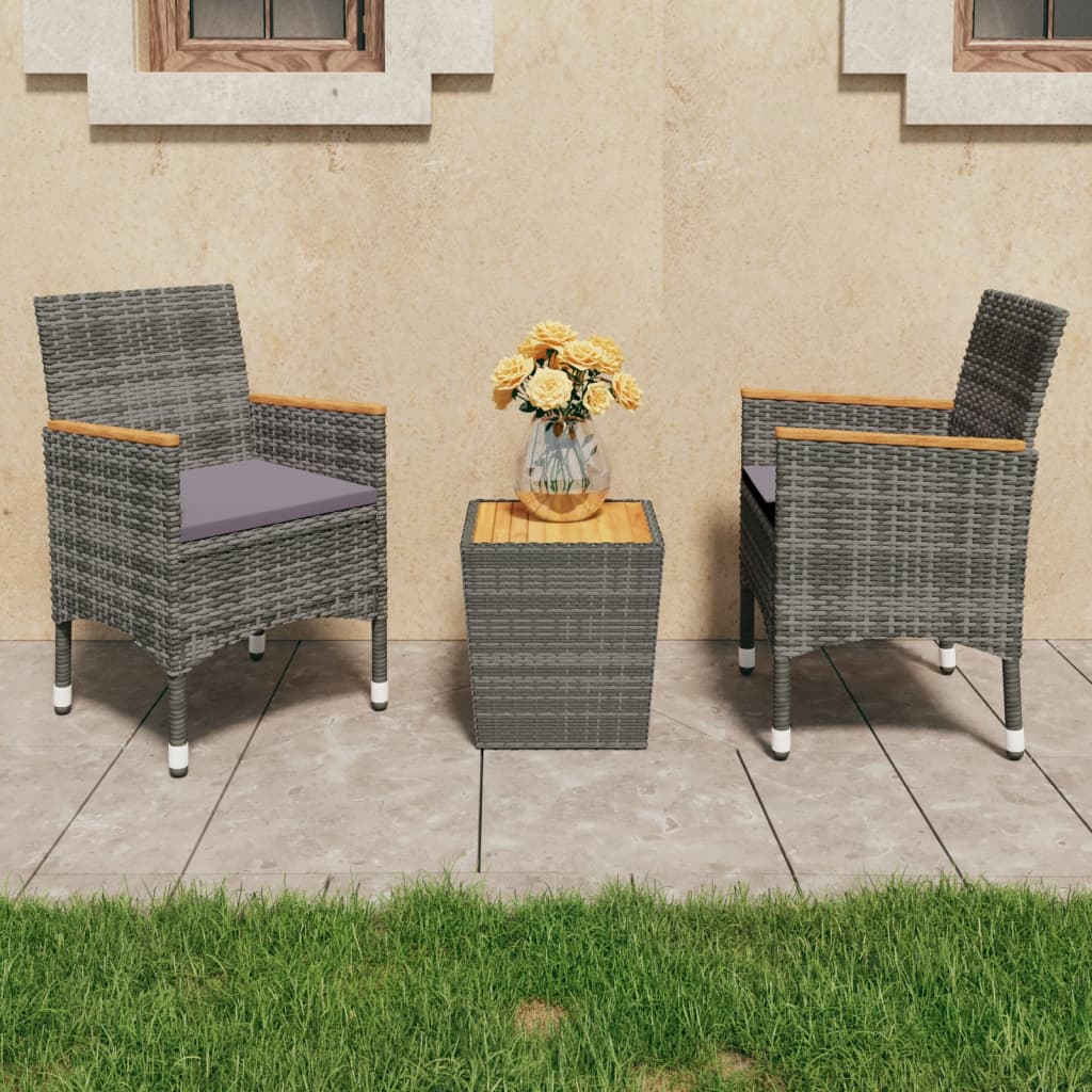 3-tlg. Bistro-Set Poly Rattan und Akazienholz Grau