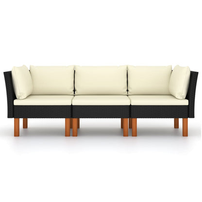 3-Sitzer-Gartensofa mit Kissen Schwarz Poly Rattan