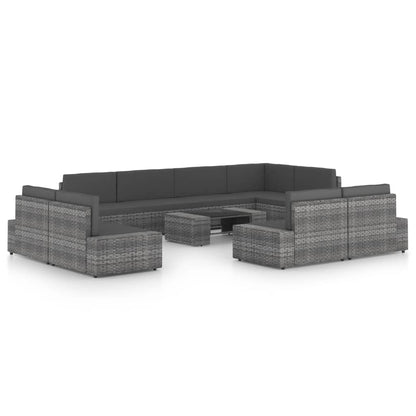 10-tlg. Garten-Lounge-Set mit Kissen Grau Poly Rattan