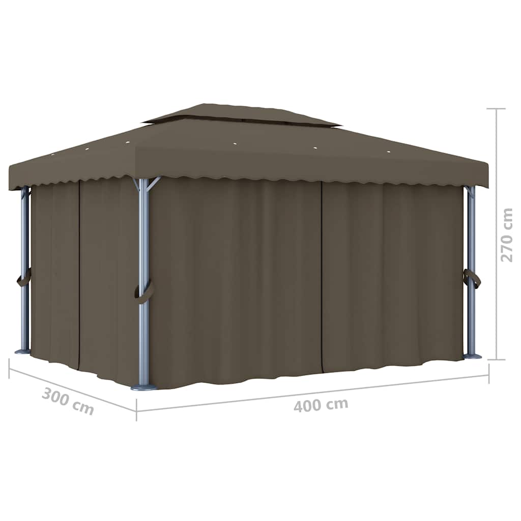 Pavillon mit Vorhängen & LED-Lichterkette 4x3 m Taupe