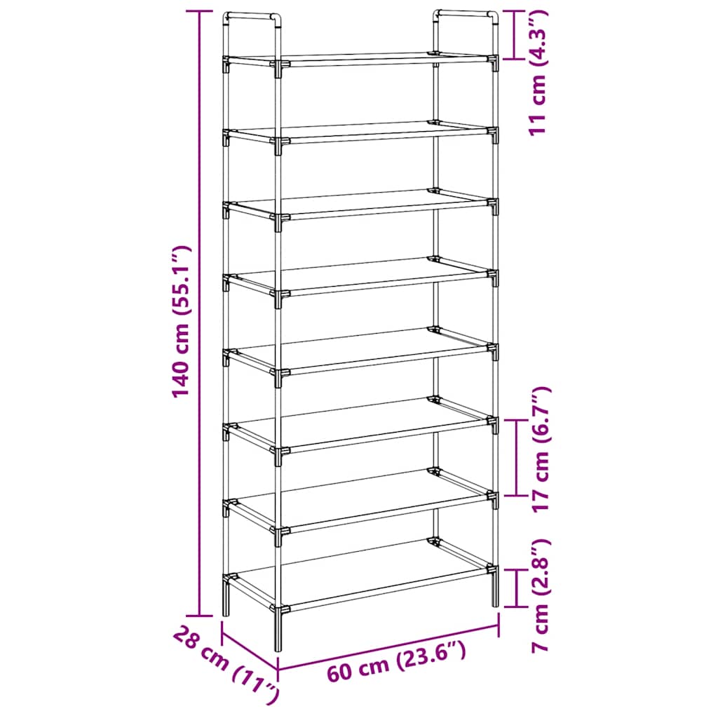 Schuhregal mit 8 Böden Metall und Vliesstoff Silbern