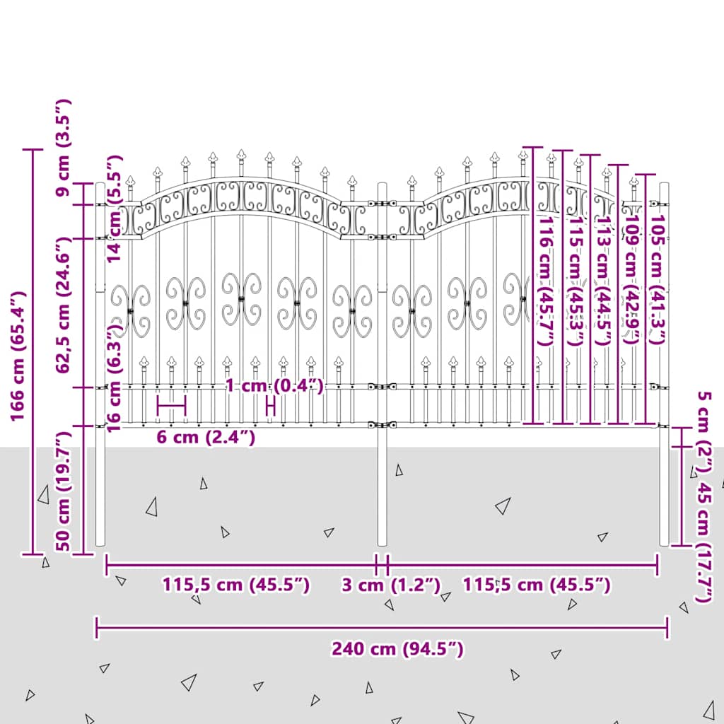 Gartenzaun Kampen mit Speerspitze Schwarz 240 x 125 cm Stahl