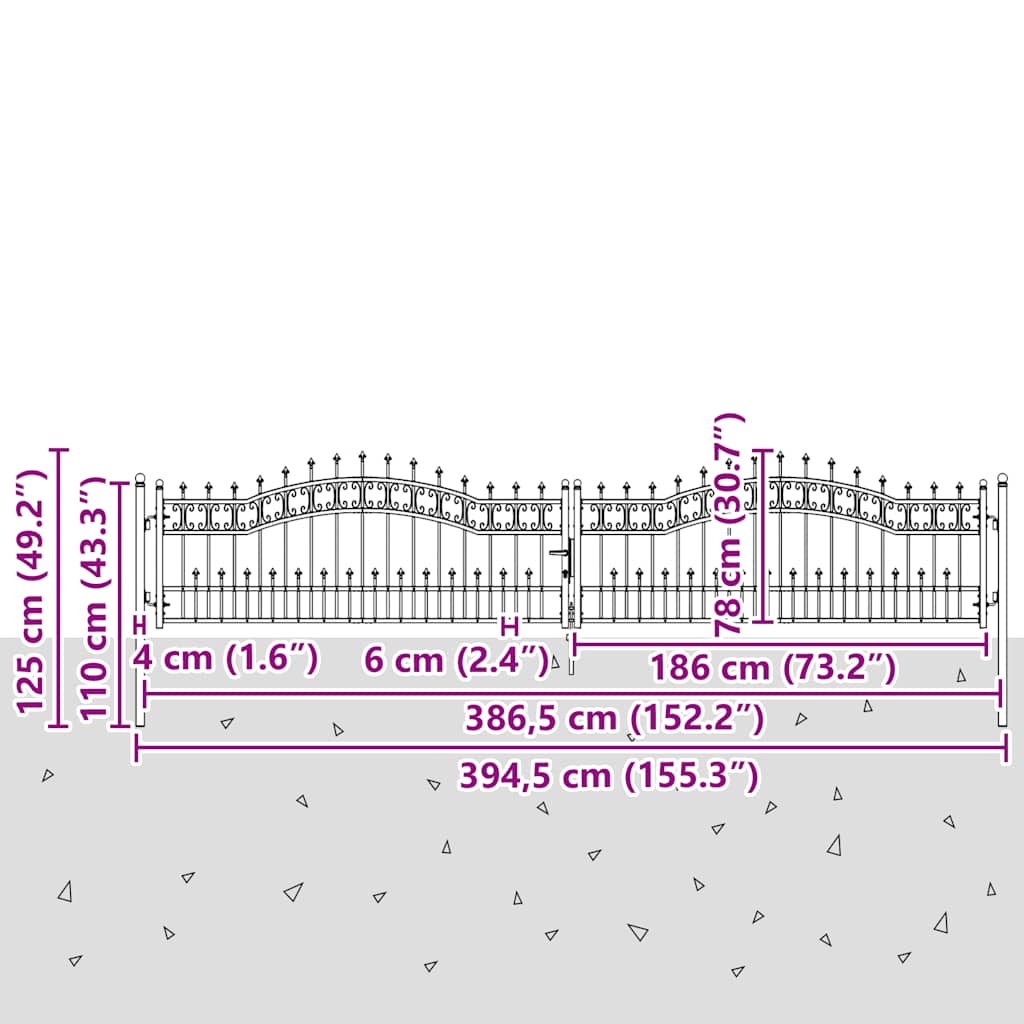 Gartentor Kampen mit Speerspitze Schwarz 394,5 x 78 cm Stahl