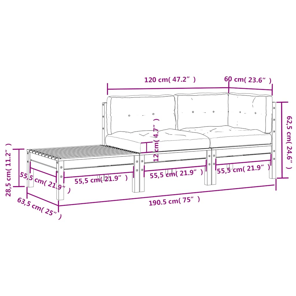 3-tlg. Garten-Lounge-Set mit Grauen Kissen Kiefer Massivholz