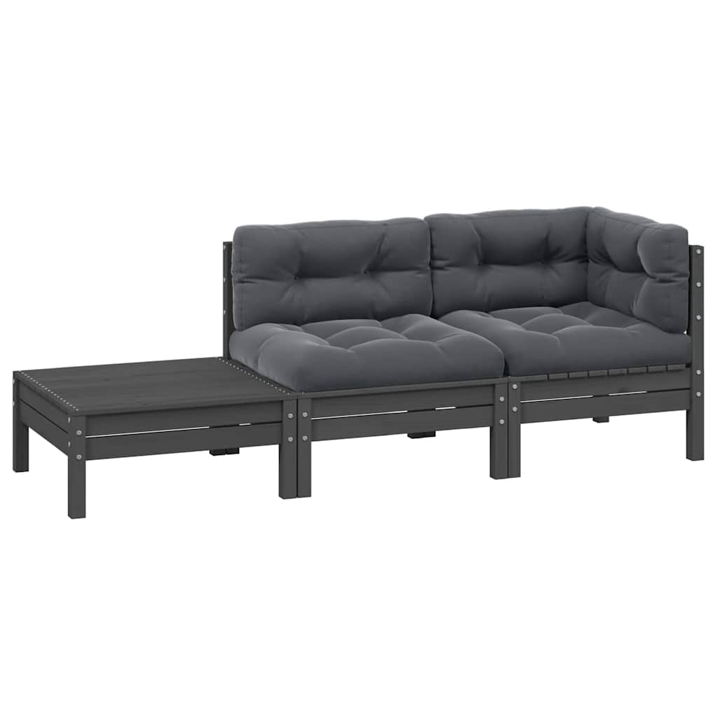 3-tlg. Garten-Lounge-Set mit Kissen in Grau Kiefer Massivholz