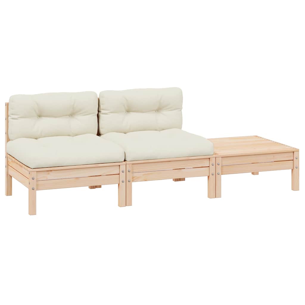 3-tlg. Garten-Lounge-Set mit Kissen in Creme Massivholz Kiefer