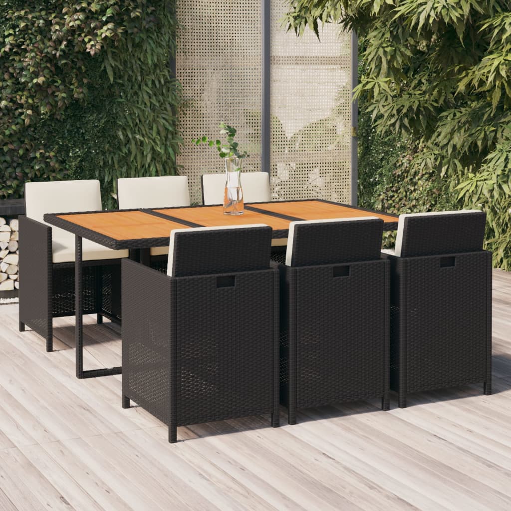 7-tlg. Garten-Essgruppe mit Kissen Poly Rattan Schwarz