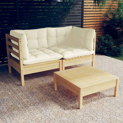 3-tlg. Garten-Lounge-Set mit Creme Kissen Kiefernholz