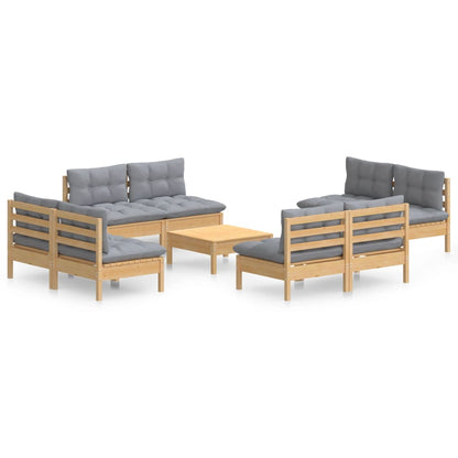 9-tlg. Garten-Lounge-Set mit Grauen Kissen Kiefernholz
