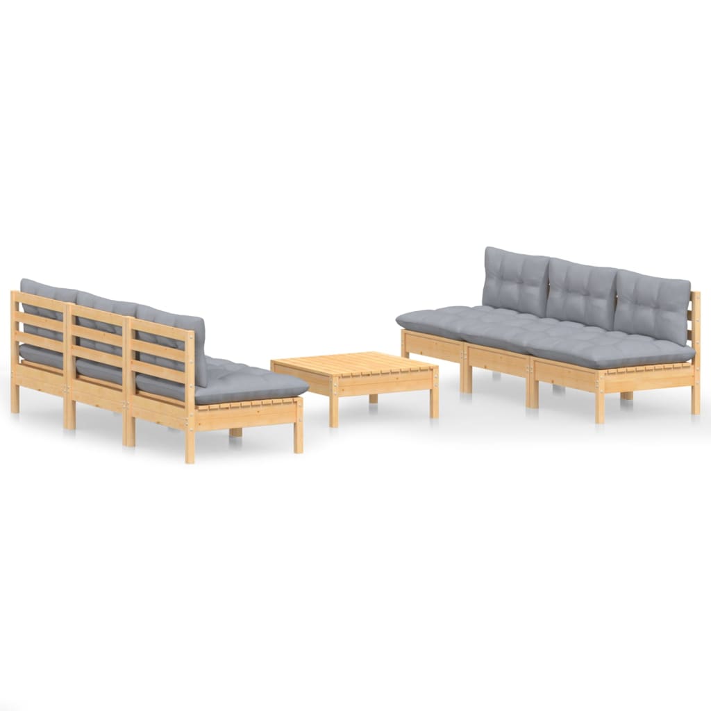 7-tlg. Garten-Lounge-Set mit Grauen Kissen Kiefernholz