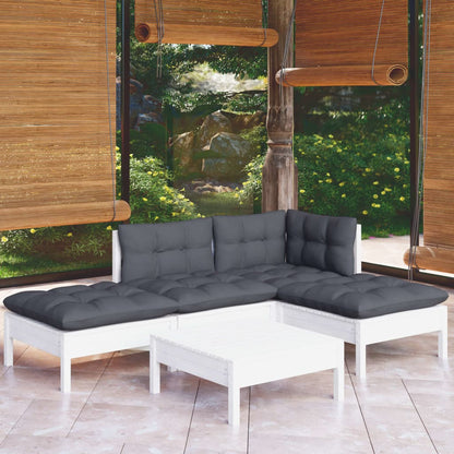 5-tlg. Garten-Lounge-Set mit Kissen Weiß Kiefernholz